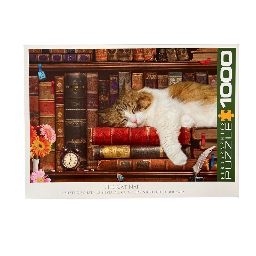 EuroGraphics The Cat Nap 1000 Piece Jigsaw Puzzle Sleeping Cat Library Complete